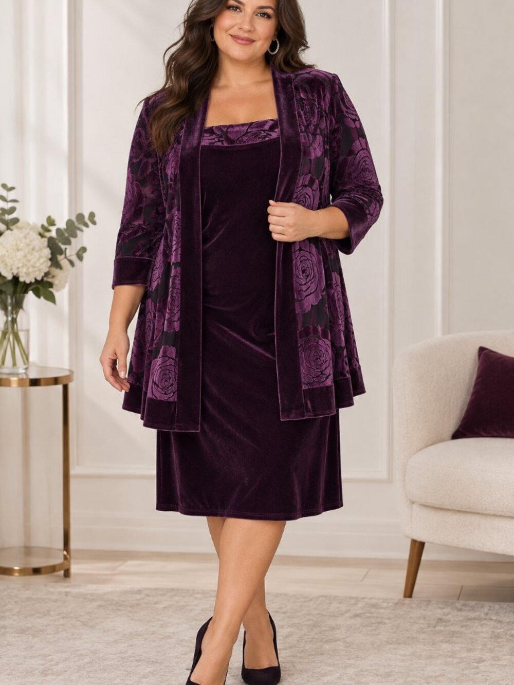 Vtg R&M Richards NWT Plum Purple Velvet Dress Jacket 2 Piece Set Burnout Floral